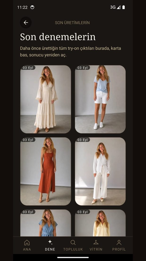 Outfit Lab “Son denemelerin” ekranı: aynı kullanıcının uzun krem elbise, mavi tişört ve beyaz şort, kiremit rengi elbise, beyaz gömlek ve geniş pantolon gibi kombinlerle önceki denemeleri.