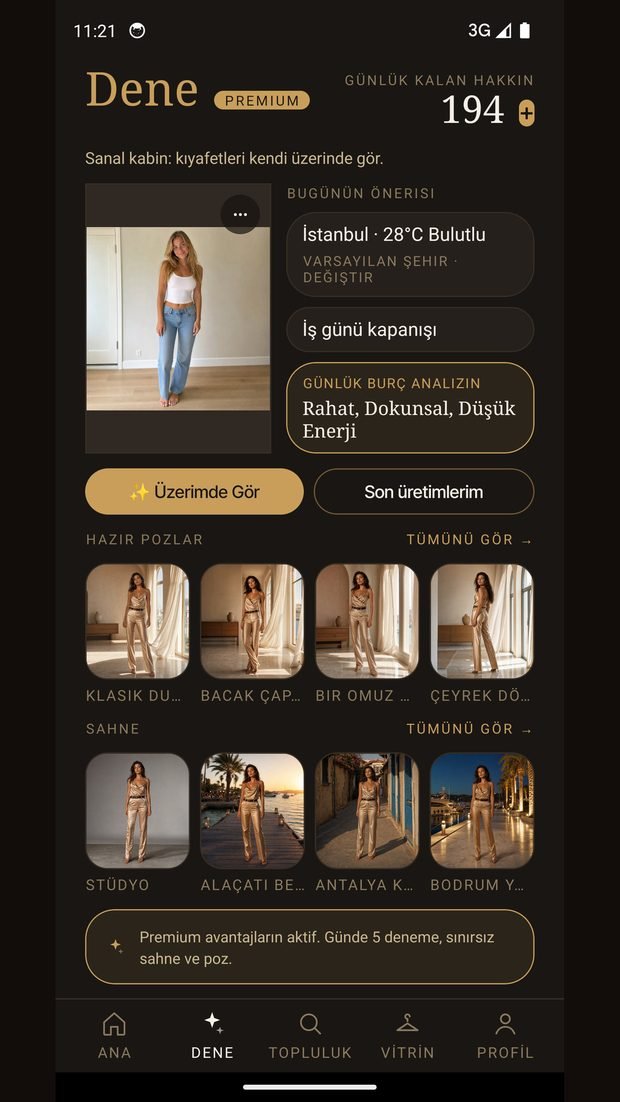 Outfit Lab Dene ekranı: kullanıcının boy fotoğrafı, şehir, hava ve etkinliğe göre günün önerisi, “Üzerimde Gör” butonu, altında hazır poz ve sahne seçenekleri.