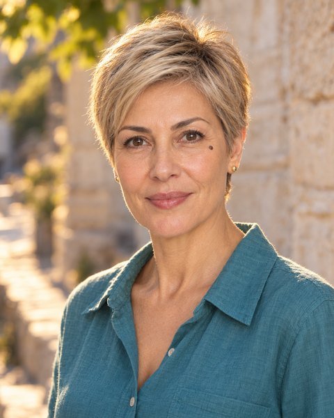 Kısa pixie kesim, bej sarı saçlı olgun kadın model; sıcak bej ten, turkuaz keten gömlek; gün batımında taş bir duvarın önünde portre.