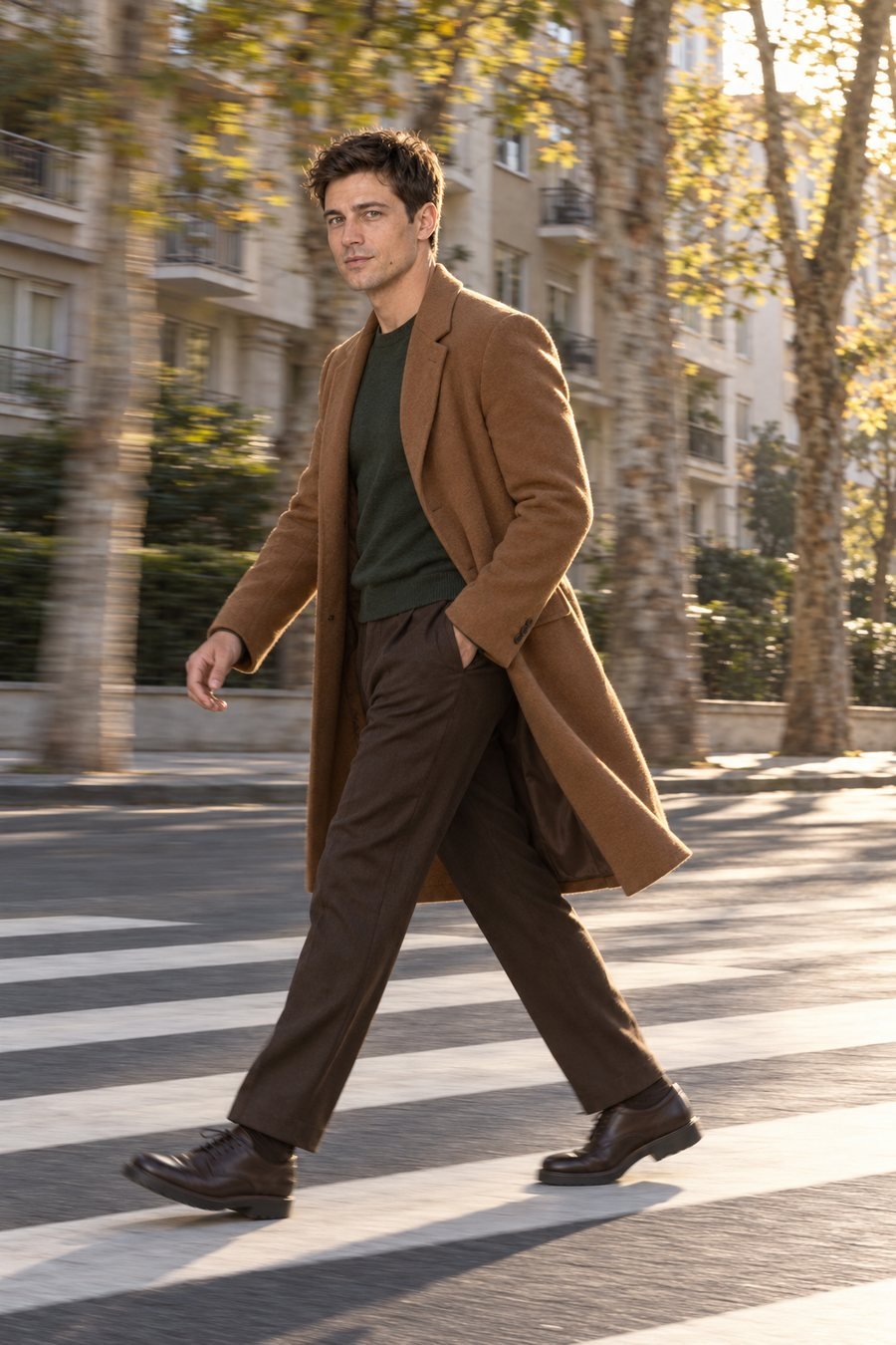 Hareketli lookbook tarzı: Şişli'de yaya geçidinde uzun adımlarla yürüyen sanal model; konyak rengi palto.