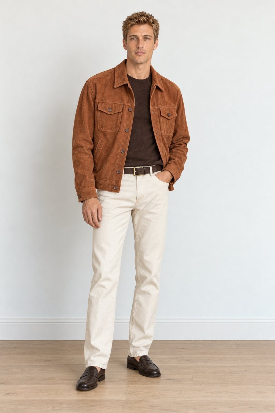 Aynı süet ceket katalog çekiminde: sanal model stüdyoda tam boy; koyu kahve triko, kırık beyaz kot, kahverengi loafer.